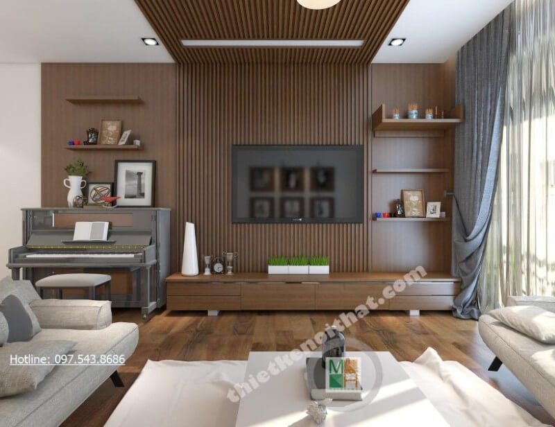 Kệ gỗ veneer hiện đại đầy ấn tượng tích hợp của nhiều công năng như kệ ti vi, kệ trang trí...