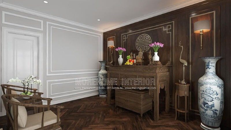 Sắp xếp nội thất phòng thờ gỗ óc chó đẹp sang trọng ấn tượng từ nội thất gỗ óc chó cao cấp cùng cách kết hợp đồ khéo léo từ tủ thờ, tấm ốp tường chữ Thọ, kệ trang trí, bộ ghế bành đẹp mắt.
