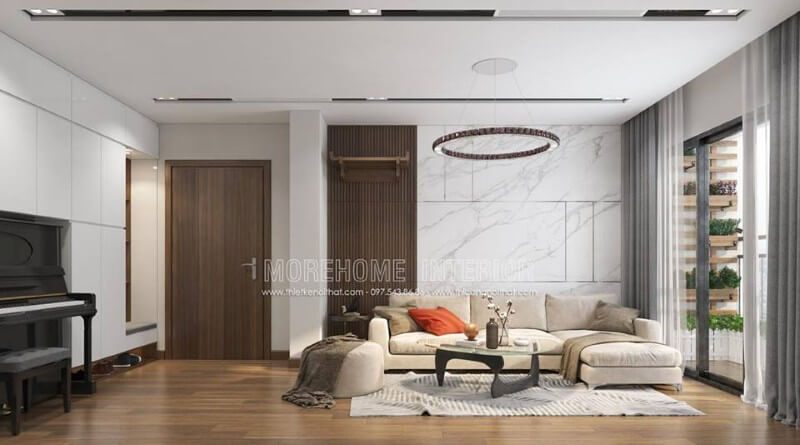 Đá nhân tạo solid surface được sử dụng tạo thành lớp nền hoàn hảo thay thế bức tường thô cứng tạo điểm nhấn cho không gian phòng khách