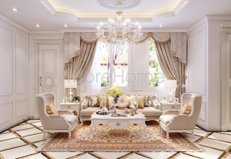 Sofa gỗ tự nhiên nhập khẩu phun sơn trắng cao cấp tạo nên sự sang trọng cũng như ấn tượng khó có thể rời mắt