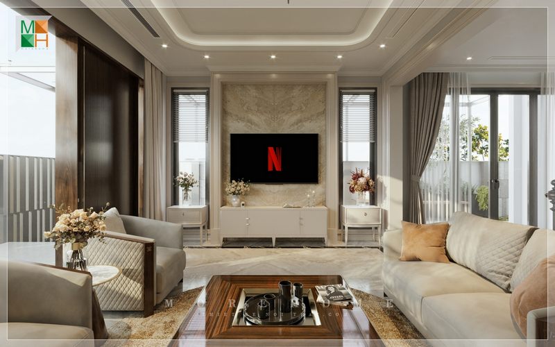 Sofa phòng khách êm ái, mang đến cảm giác thoải mái dễ chịu khi bước chân vào căn phòng.