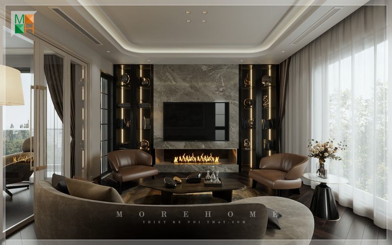 Phòng khách nhà phố, biệt thự được trang trí nội thất sắp xếp đẹp mắt phù hợp với mục đích sử dụng tạo nên không gian thoáng đãng hiện đại.