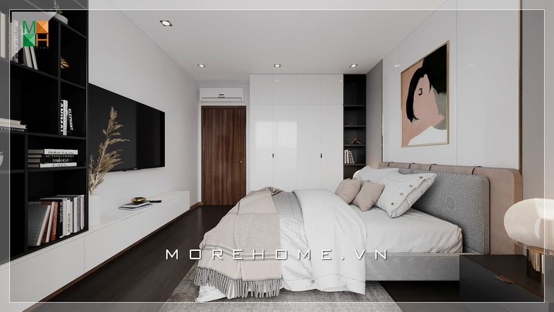 Một chiếc giường ngủ bọc nệm đầu giường hiện đại được đặt giữa không gian phòng ngủ, tạo nên một điểm nhấn ấn tượng mạnh.