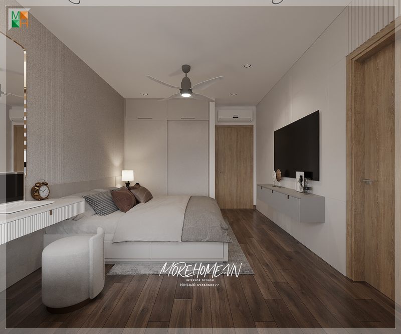 Giường ngủ gỗ công nghiệp màu trắng với ngăn kéo giúp tạo nên sự tiện lợi và sang trọng cho không gian ở của gia đình.